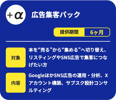 広告集客パックです。提供期間は6ヶ月で、本を「売る」から「集める」へ切り替え、リスティングやSNS広告で集客につなげたい方向けのサービスです。Google広告やSNS広告の運用・分析、Xアカウント構築、サブスク設計コンサルティングを行います。